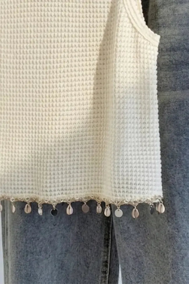 Beige Embellished Crew Neck Top
