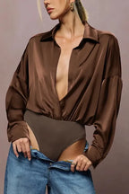 Brown Solid Notched Bodysuit