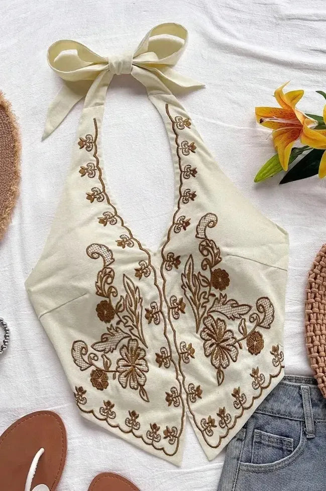 Off White Embroidered Halter Top