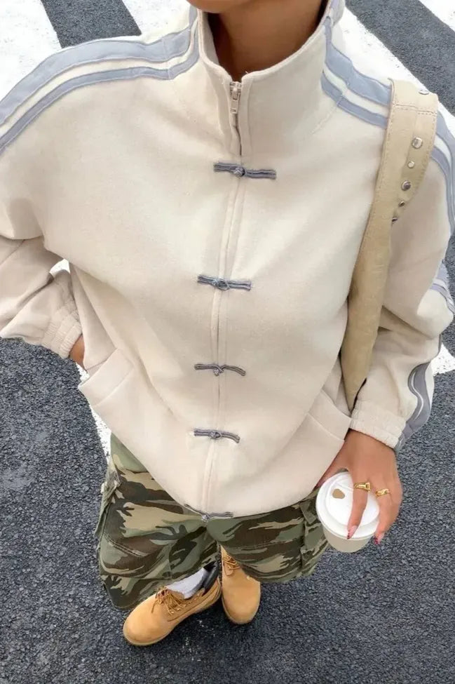 Beige Oversized Zip Collar Jacket