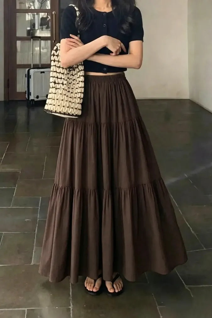 Brown High-Rise Tiered Maxi Skirt