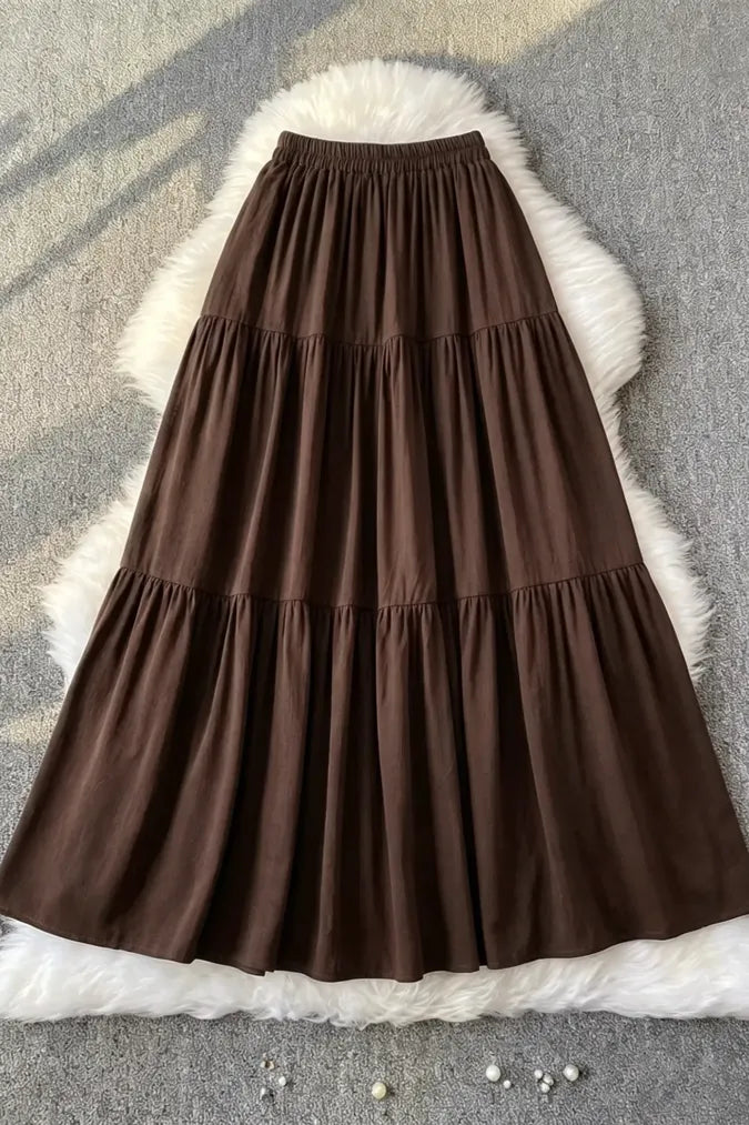 Brown High-Rise Tiered Maxi Skirt