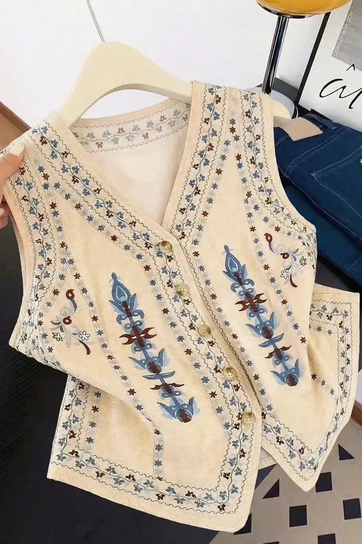 Biege Embroidered Buttoned Top