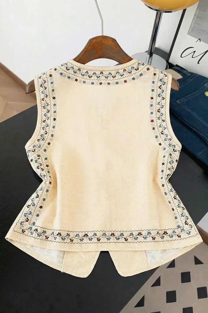 Biege Embroidered Buttoned Top