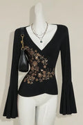 Black Sequined V-Neck Top