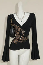 Black Sequined V-Neck Top