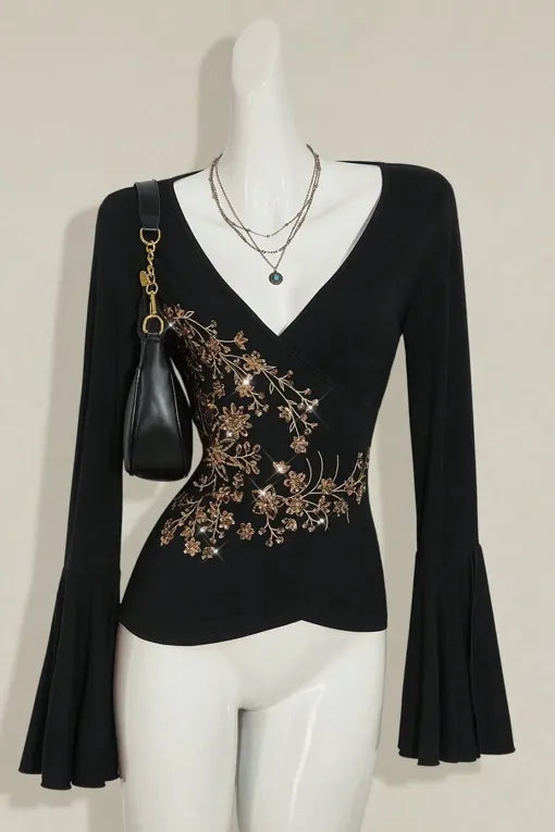 Black Sequined V-Neck Top