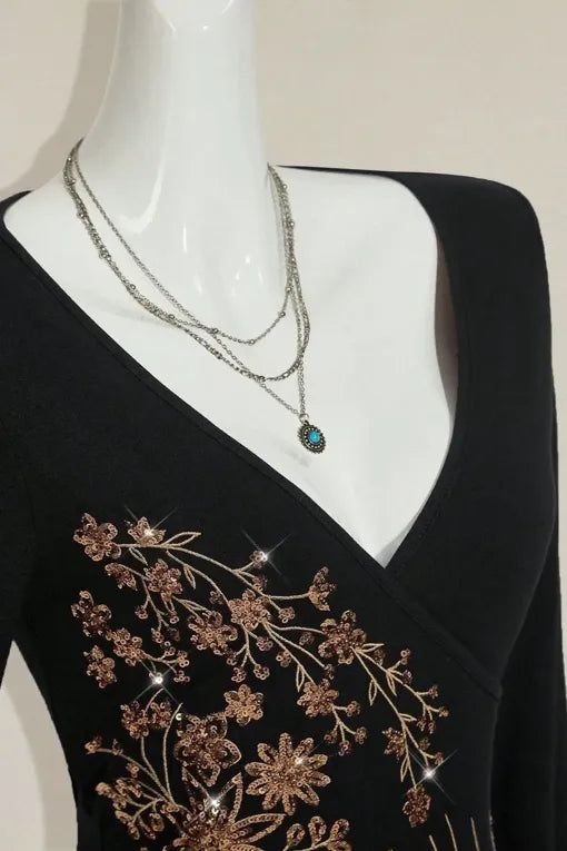 Black Sequined V-Neck Top