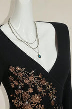 Black Sequined V-Neck Top