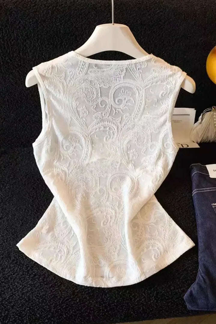 White Embroidered V-Neck Top