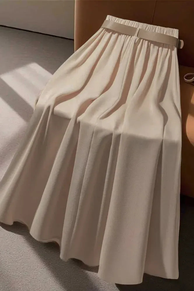 Beige Pleated Belted Maxi Skirt