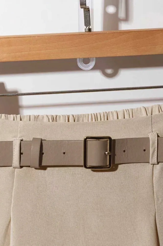 Beige Pleated Belted Maxi Skirt
