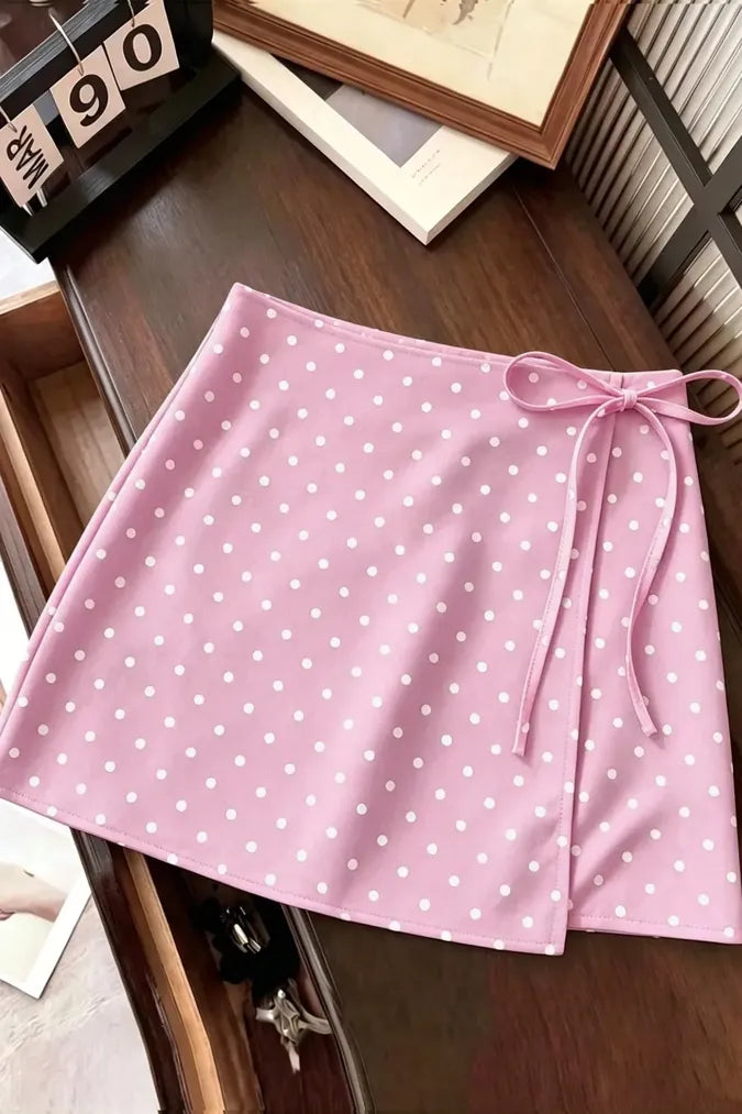 Pink Polka Dot Wrap Mini Skirt