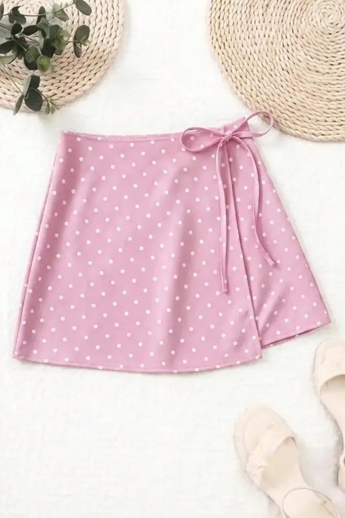 Pink Polka Dot Wrap Mini Skirt