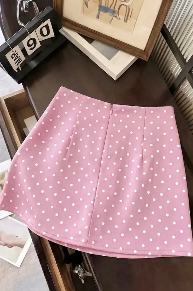 Pink Polka Dot Wrap Mini Skirt