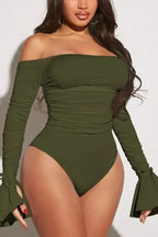 Olive Ruched Off-Shoulder Bodysuit