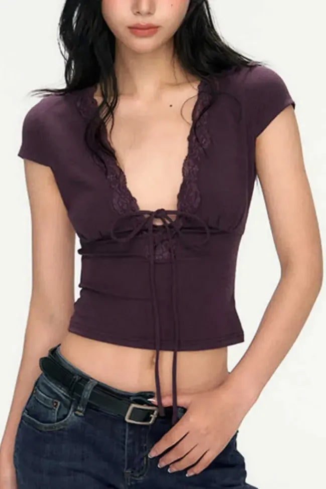 Purple Plunge Lace Overlay Crop Top