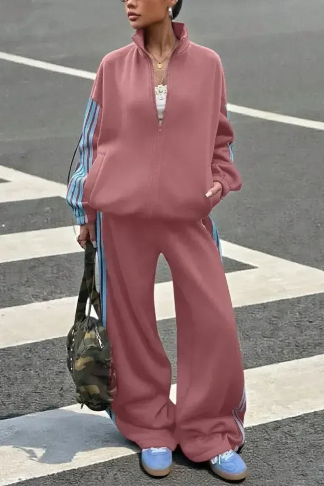 Pink Striped Zipper Co-Ord Set