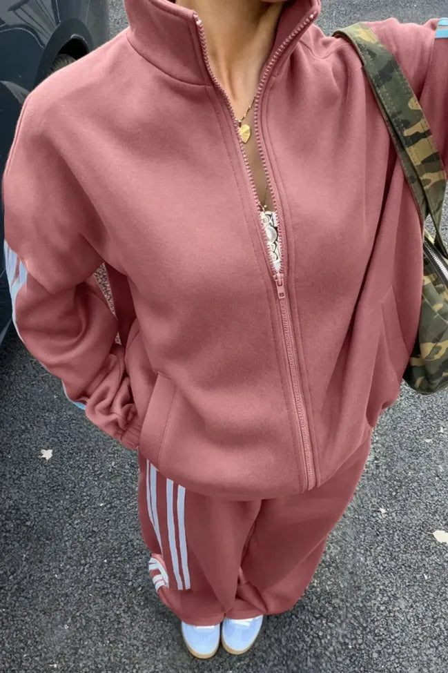 Pink Striped Zipper Co-Ord Set