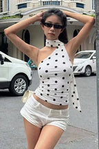 White Polka Dot One-Shoulder Top