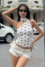 White Polka Dot One-Shoulder Top