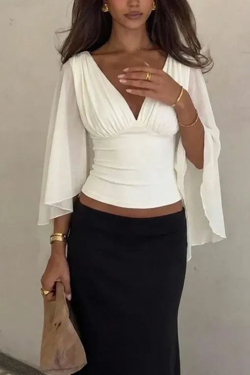 White Ruched V-Neck Top