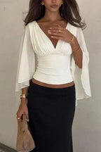 White Ruched V-Neck Top