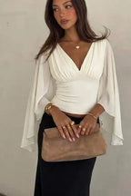 White Ruched V-Neck Top