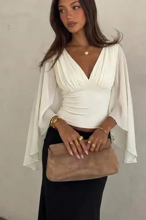 White Ruched V-Neck Top