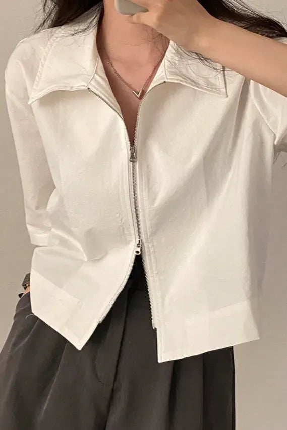 White Lapel Collar Zipper Shirt