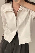White Lapel Collar Zipper Shirt