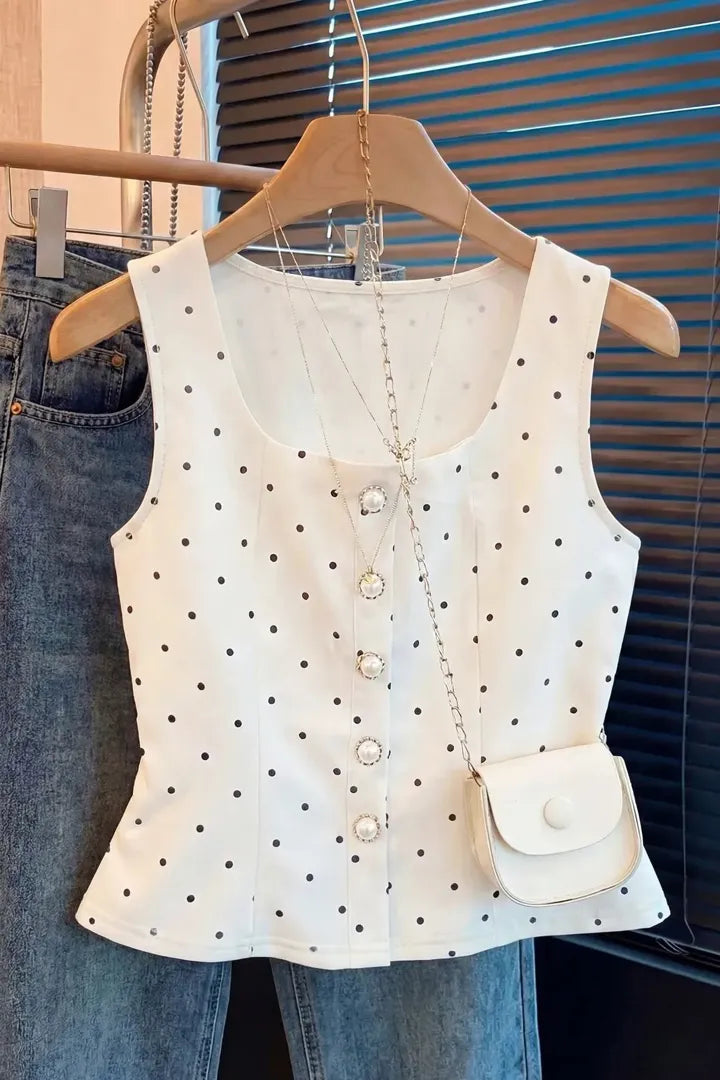 White Polka Dot Buttoned Top