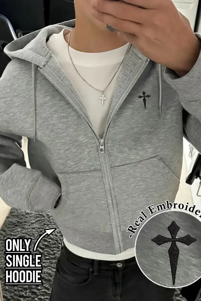 Light Grey Solid Zipper Hoodie