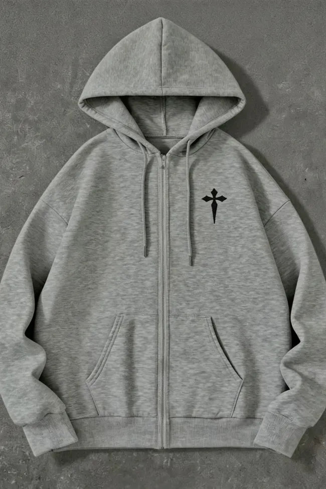 Light Grey Solid Zipper Hoodie