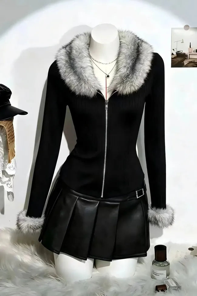 Black Faux Fur Zip-Collar Sweatshirt