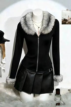 Black Faux Fur Zip-Collar Sweatshirt