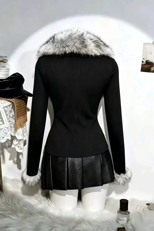 Black Faux Fur Zip-Collar Sweatshirt