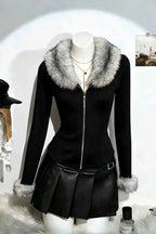 Black Faux Fur Zip-Collar Sweatshirt