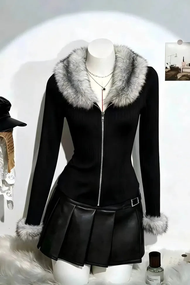 Black Faux Fur Zip-Collar Sweatshirt
