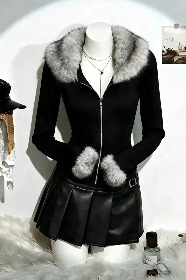 Black Faux Fur Zip-Collar Sweatshirt