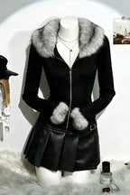 Black Faux Fur Zip-Collar Sweatshirt