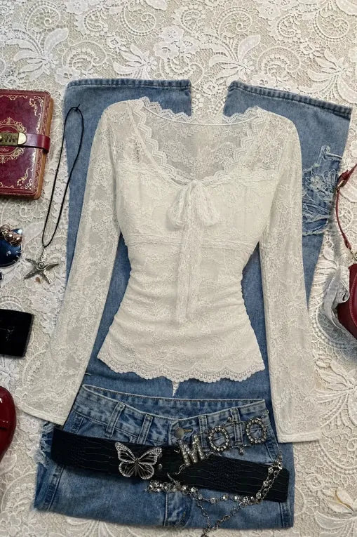 Off White Lace Scallop Top
