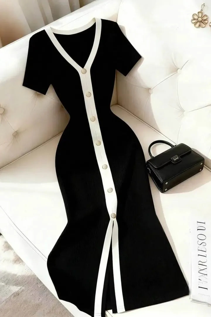 Black V-Neck Buttoned Maxi Dress
