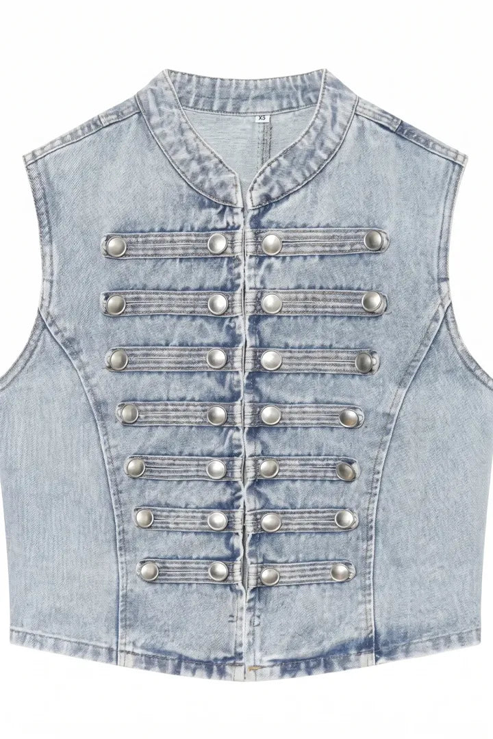 Light Blue Studded Denim Vest Jacket