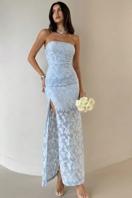 Light Blue Lace Tube Maxi Dress