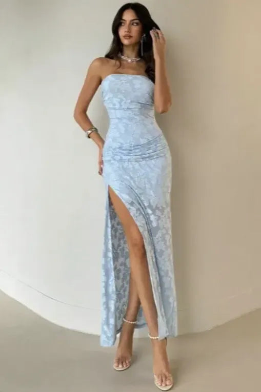 Light Blue Lace Tube Maxi Dress