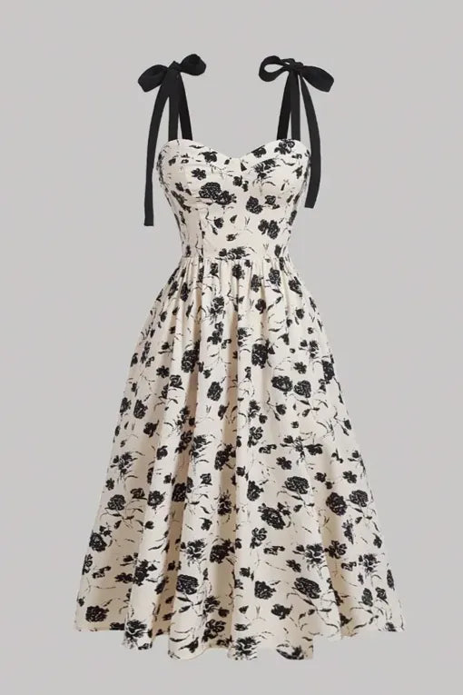 Cream Floral Sweetheart Midi Dress