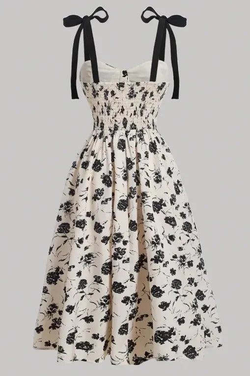 Cream Floral Sweetheart Midi Dress