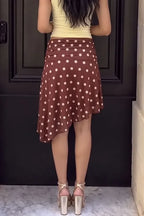 Brown Draped Polka Dot Midi Skirt