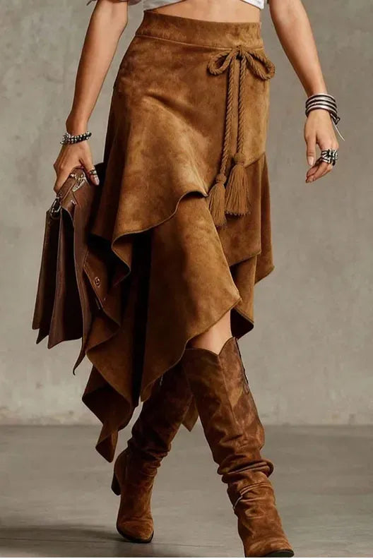 Brown Mid Rise Asymmetric Skirt